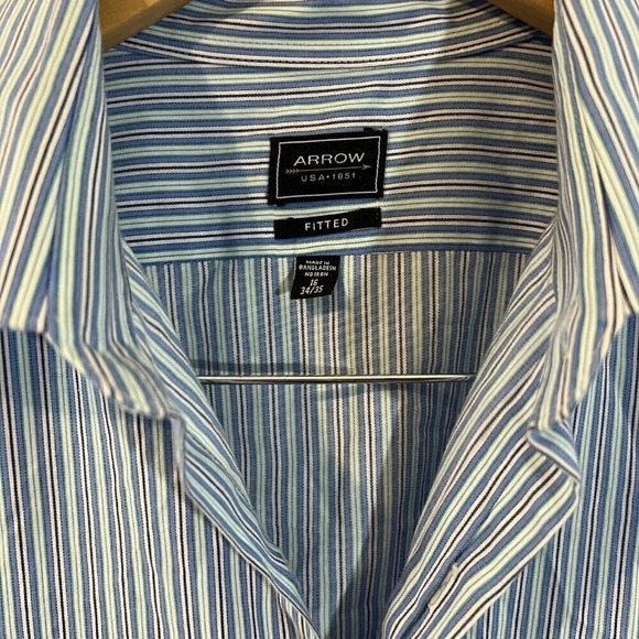 Arrow Mens Button Up Long Sleeve Shirt 16 Fitted Verticle Turquoise Stripes Thin - Picture 4 of 4